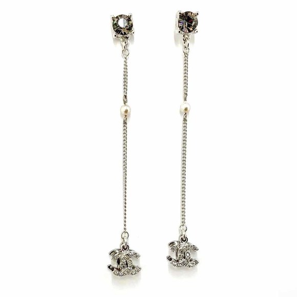 Chanel Rhinestone Earrings 9cm x 2 Metal Rhinestones Coco Mark Silver - Picture 4 of 10